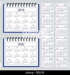 Satz von Business Kalender für 2019 mit 12-Monats isoliert Seiten und volle Kalenderjahr 2019, 2020. Die spanische Sprache. Woche beginnt am Sonntag. Stock Vektor