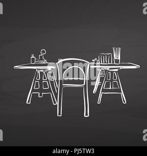 Studie Schreibtisch Zeichnung auf schiefertafel. Handgezeichnete vektor Skizze. Business Concept Design. Stockfoto