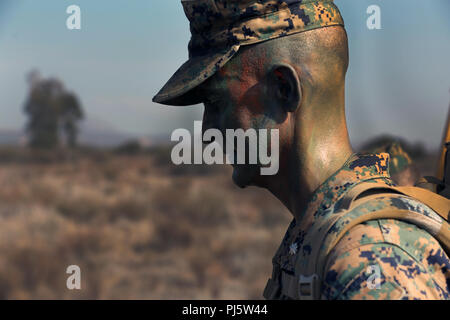 Oberstleutnant Michael A. Spears, kommandierender Offizier der Sitz und die Hauptverwaltung Squadron, führt eine Wanderung mit H&HS Marinesoldaten und Matrosen ein Feld durcheinander Nacht in der Marine Corps Air Station Miramar, Calif., Aug 24 zu halten. Nach dem 4,5 km Wanderung H&HS ein Feld durcheinander Nacht gehalten das Vermächtnis der Marines zu Ehren vor Ihnen und Kameradschaft im Geschwader zu errichten. (U.S. Marine Corps Foto von Cpl. Jake M.T. McClung) Stockfoto