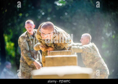 FORT Benning, Ga (Aug. 31, 2018) - Auszubildende von Delta Unternehmen, 2.Bataillon, 19 Infanterie Regiment, Zug auf der Sand Hill Hindernis-parcours in Fort Benning, Georgia, August 28. Das Bataillon ist mit Training und die Umwandlung von Zivilisten in disziplinierte, anpassungsfähige und flexible Infanteristen aufgeladen und bereit, die Mission der Infanterie Korps zu erreichen. (U.S. Armee Foto von Patrick A. Albright, Manöver, Center of Excellence, Fort Benning Public Affairs) Stockfoto