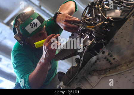 180901-N-ZH 683-0043 ATLANTIK (Sep. 1, 2018) der Luftverkehr strukturellen Mechaniker 2. Klasse Chris Cartolano, um die 'Dragon Slayers von Hubschrauber Meer Combat Squadron (HSC) 11, Wartung führt am Rotorblatt eines MH-60S Seahawk Helikopter im Hangar Bay an Bord der Nimitz-Klasse Flugzeugträger USS Harry S. Truman (CVN 75). Harry S. Truman ist die Durchführung sustainment Operationen in den Atlantik. (U.S. Marine Foto von Mass Communication Specialist 3. Klasse Juan Sotolongo/Freigegeben) Stockfoto