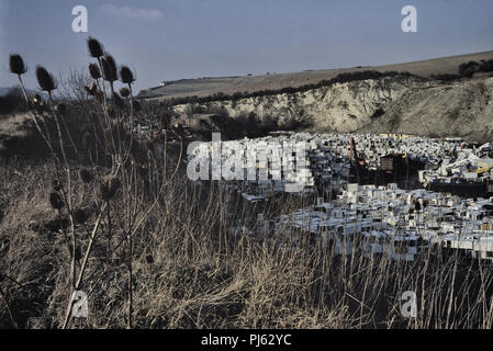 Alte Kühlschränke und Kühlschränke warten auf das Recycling im temporären Lagerort von Greystone Quarry, Southerham Pit bei Lewes, East Sussex, England. 2003 Stockfoto