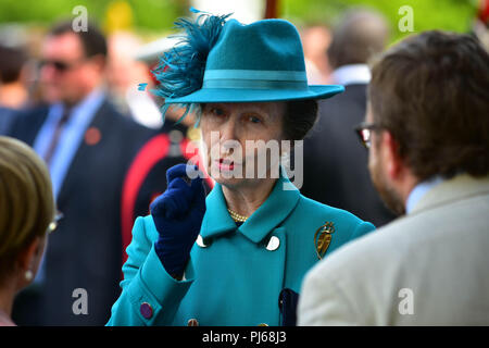 Hillbrough Schloss, Nordirland. 4. September 2018. Ihre Königliche Hoheit Prinzessin besuchte der Staatssekretär für Nordirland Irland jährliche Gartenparty auf Hillsborough Castle, Prinzessin Anne met und sprach mit den Besuchern bei einem Rundgang in die Gärten. Hillsborough: Co unten: UK: 4. Sept 2018 Credit: Mark Winter/Alamy leben Nachrichten Stockfoto