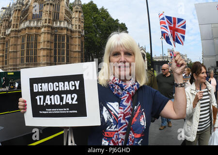 Westminster, London, Großbritannien. 5. September 2018. Pro-Brexit holding Plakat zu blockieren Parlament & die Brexit Verrat! März in Westminster, London, Großbritannien. 5. September 2018. Bild Capital/Alamy leben Nachrichten Stockfoto