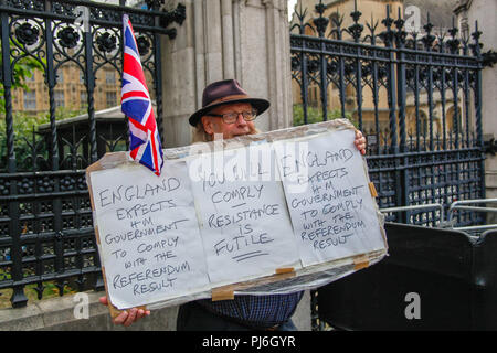 London, Großbritannien. 5. September 2018. Pro-Brexit Unterstützer außerhalb des Parlaments Credit: Alex Cavendish/Alamy leben Nachrichten Stockfoto