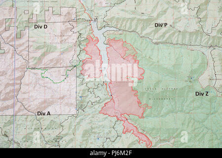 Terwilliger Feuer Lager ODER, USA - 30. August 2018: Map Detail der Terwilliger Feuer, Brennen derzeit mehr als 8000 Hektar des Willamette Nationa Stockfoto