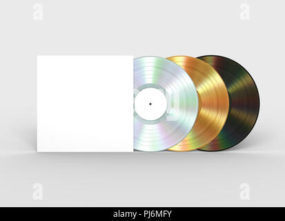 Platinum-, Gold- und schwarzen Schallplatten und weißes Papier. 3D-Darstellung. Stockfoto