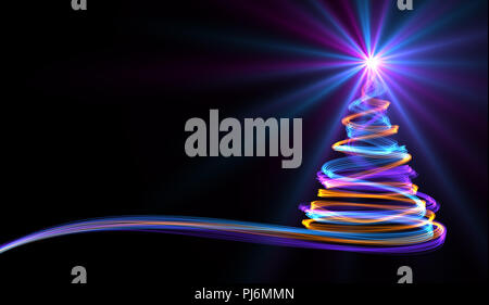 Weihnachtsbaum aus Gelb, Blau und Lila Neon Streifen. 3D-Darstellung. Stockfoto