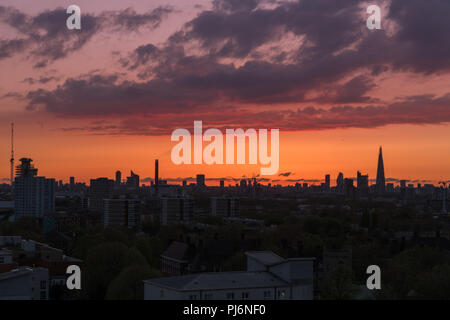 London Sonnenuntergang von einem Dach in Greenwich (South London) Stockfoto