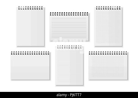 Vektor realistische leere Papier eröffnet Business Notebook mit Spirale - leere Seiten, mit Käfigen und Herrscher - Icon Set closeup auf weißem Hintergrund. Design Template, Mockup für Grafiken. Front, Ansicht von oben Stock Vektor