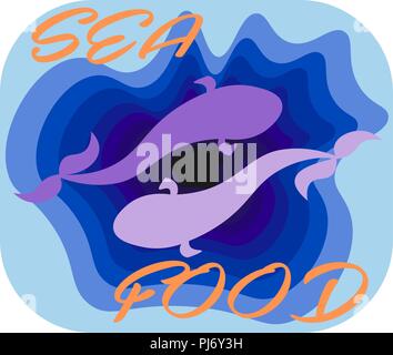 Silhouetten der Fisch auf dem Hintergrund von Wasser in der UV-Farben Meeresfrüchte kreative Kunst logo Stock Vektor