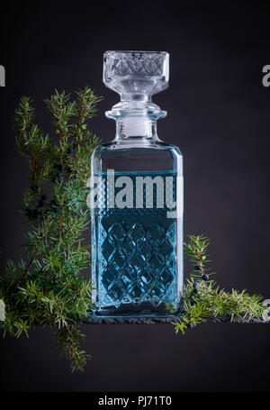 Blue Gin in Kristall Karaffe und Juniper Zweig mit Beeren auf einem schwarzen Hintergrund. Stockfoto