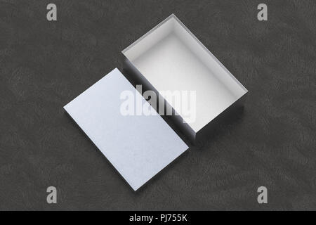 Geöffnet silber Schuh Box Container auf schwarzem Hintergrund. Verpackung mockup. 3D-Darstellung Stockfoto