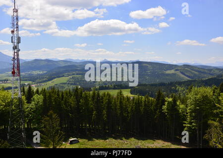 Telekommunikation Pole neben einem kleinen Wald voller Bäume und eine Wiese auf einem Hügel Landschaft mit einer Stadt, Berge und blauer Himmel Stockfoto