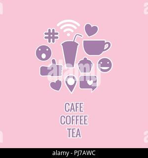 Setzen sie Zeichen der Cafe. Vector Illustration der Aufkleber auf einem rosa Hintergrund. Stock Vektor