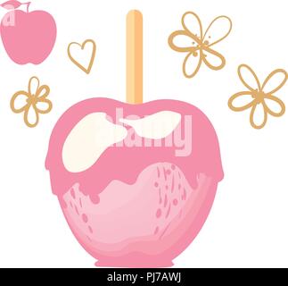 Apple mit rosa Karamell Süßigkeiten auf sticks Dessert. Vector Illustration auf weißem Hintergrund. Stock Vektor