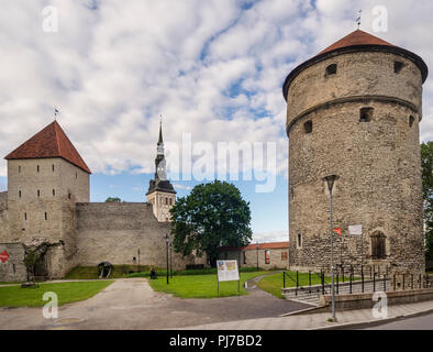 Die schöne mittelalterliche Turm von Kiek in de Kök und den Glockenturm der Kirche St. Nikolaus in der Altstadt von Tallinn, Estland Stockfoto