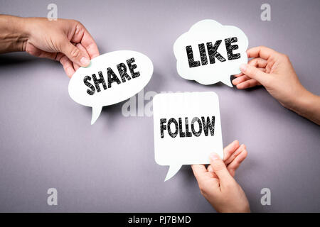 Teilen, wie und zu befolgen. Social Media Marketing Stockfoto