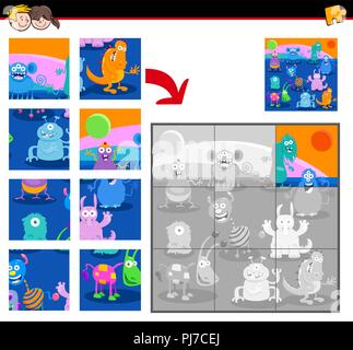 Cartoon Illustration der Pädagogischen Puzzle Aktivität Spiel für Kinder mit Monster oder Alien Zeichen Stock Vektor