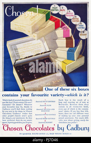 1930er Jahre alten Vintage original advert Werbung Schokolade durch Cadbury in Englisch Magazin ca. 1932 Stockfoto