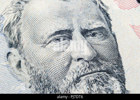 Nahaufnahme Portrait von Ulysses S. Grant auf der einen 50-Dollar-Schein. Hintergrund des Geldes. 50 dollar Bill mit Ulysses S. Grant Augen Makroaufnahme Stockfoto