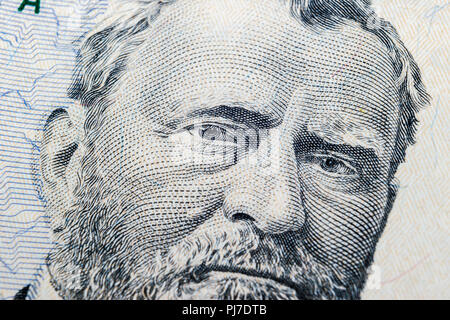 Nahaufnahme Portrait von Ulysses S. Grant auf der einen 50-Dollar-Schein. Hintergrund des Geldes. 50 dollar Bill mit Ulysses S. Grant Augen Makroaufnahme Stockfoto