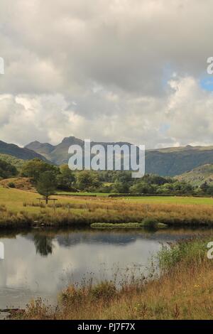 UK, Elterwater, englischen Lake District, Cumbria. Blick auf den Langdale Pikes aus Elterwater im englischen Lake District. Stockfoto