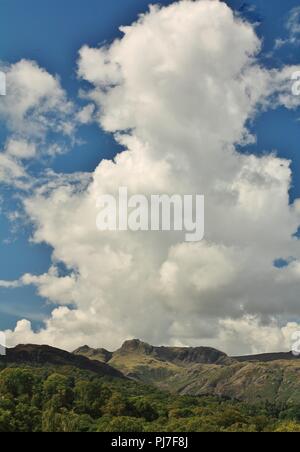 UK, Elterwater, englischen Lake District, Cumbria. Blick auf den Langdale Pikes aus Elterwater im englischen Lake District. Stockfoto