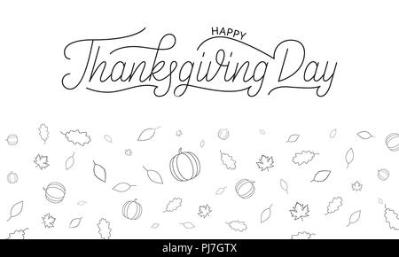 Thanksgiving Day. Happy Thanksgiving Day Schriftzug und herbstliche Symbole von Kürbis und fallen lässt. Stock Vektor