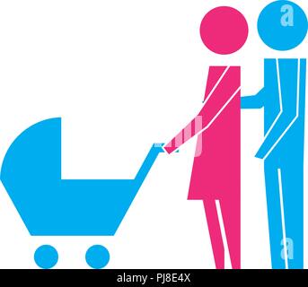 Eltern Paar mit Baby Kinderwagen Piktogramm Stock Vektor