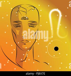 Machen Sternzeichen Löwe. Mädchen ist wahrsager mit Dritten Auge, Konstellation, Zeichen des Tierkreis und Planeten als Beschützer. Vector Hintergrund von Sternen. Trigon fi Stock Vektor