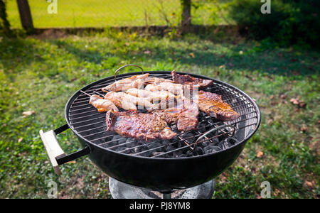 Die schweinekoteletts und hähnchenspieße am Grill zubereitet. Die Zubereitung von Fleisch und Grillen auf direkte Wärme in der Natur im Hinterhof BBQ-Picknick. Stockfoto