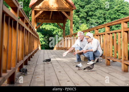 Zwei gutherzige ältere Menschen Ernährung Brot für Tauben im Park Stockfoto