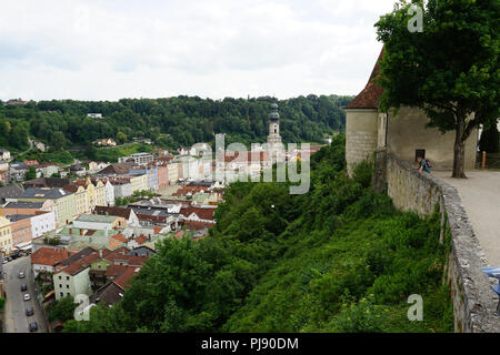 Burg zu Burghausen, Blick von der Burg in Burghausen, Bayern, Deutschland, Europa Stockfoto