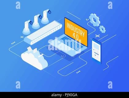 Isometrische Factory Automation, Industrie 4.0, Internet der Dinge, Vector Illustration für angeschlossene Geräte über verschiedene Symbole Stock Vektor