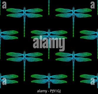 Vektor nahtlose Muster von gradient leuchtende Libelle auf schwarzen Hintergrund. Dragonfly Hintergrund Stock Vektor