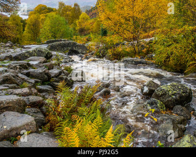 Herbst im Ashness Brücke im englischen Lake District. Die Brücke ist Teil der alten Packesel Route nach Keswick aus Watendlaith Stockfoto