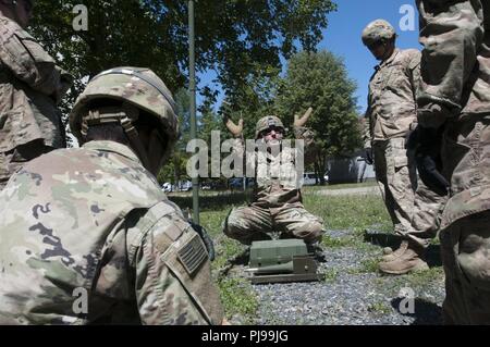 U.S. Army Staff Sgt. David Nelson, ein Signal support systems Specialist 218 MEB zur Unterstützung der entschlossenen Schloss 2018 zugeordnet, erklärt in der Nähe des senkrechten Lichteinfall skywave Antenne Theorie zu Mitgliedern des Unternehmens B, 151 Expeditionary Signal Battalion während einer hohen Frequenz radio Klasse gelehrt von Nelson. Die 218 MEB, Weiterleiten und Co. B, 151 ESC, beide Geräte sind Mitglieder der South Carolina Army National Guard und an Polen Unterstützung der Atlantischen Lösung bereitgestellt. Stockfoto