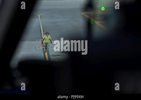 A 60 Air Mobility Wing Wartung Airman führt eine 21 Airlift Squadron C-17 Globemaster III, bevor ein Safety Office Einarbeitung Flug bei Travis Air Force Base, Calif., 2. Juli 2018. Der Flug erlaubt Matt Stevens ein US-Landwirtschaftsministerium Flughafen Biologin, die hilft, die Vogel- und Pflanzenwelt Flugzeuge Streik Programm bei Travis verwalten aus erster Hand einen Überblick darüber, was die Piloten während der routinemäßigen Schulung Flüge in der Nähe der Basis sehen. Stockfoto