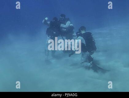 AQABA, Jordanien (7. Juli 2018) der US-Marines mit maritimen Raid-Kraft (MRF), 26 Marine Expeditionary Unit (MEU), einem Gang prüfen Unterwasser vor dem Tauchgang Ausbildung in Aqaba, Jordanien, 7. Juli 2018 durchführen. Iwo Jima ist in die USA 5 Flotte Bereich der Maßnahmen zur Unterstützung der Marine im Einsatz für die Stabilität und Sicherheit in der Region zu gewährleisten und verbindet das Mittelmeer und den Pazifischen Raum durch den westlichen Indischen Ozean und drei strategischen Punkten ersticken. Stockfoto