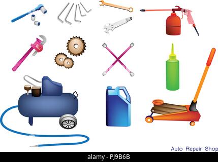 Abbildung: Sammlung verschiedener Art von Auto Service und Reparatur Tools Kits, Wagenheber, Luftkompressor der Hochdruckpumpe, Schlüssel, Zahnräder, Schraubenschlüssel und Sechskantmutter Stock Vektor