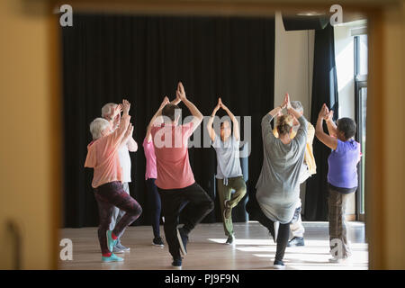 Aktive Senioren trainieren im Kreis, Üben Yoga die Baumhaltung Stockfoto