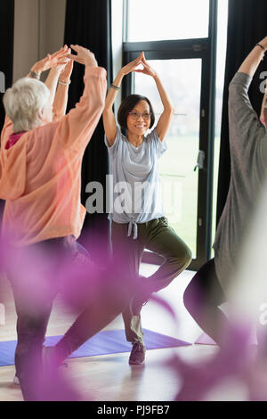 Lächelnd Active Senior, Frau, trainieren, Üben Yoga die Baumhaltung Stockfoto