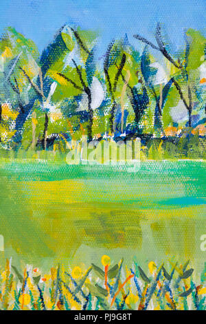 Details zu Acryl Gemälde zeigen, Farbe, Texturen und Techniken. Expressionistische Feld mit einer Hecke und Wald hinaus. Stockfoto