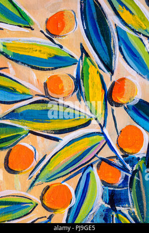 Details zu Acryl Gemälde zeigen, Farbe, Texturen und Techniken. Expressionistische Blätter und orange Beeren. Stockfoto