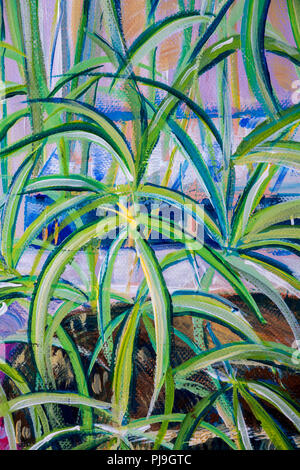 Details zu Acryl Gemälde zeigen, Farbe, Texturen und Techniken. Spider plant Laub. Stockfoto