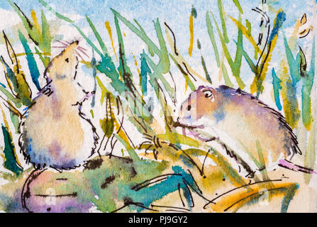 Details Der aquarellmalerei Studien für eine wildlife Illustration Projekts, Farbe, Texturen und Techniken. Feldmäuse. Stockfoto