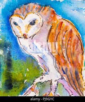 Details Der aquarellmalerei Studien für eine wildlife Illustration Projekts, Farbe, Texturen und Techniken. Eine Eule. Stockfoto