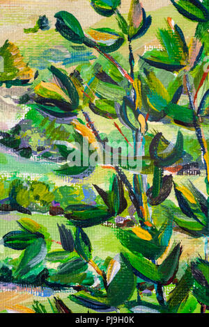 Details zu Acryl Gemälde zeigen, Farbe, Texturen und Techniken. Expressionistische baum laub. Stockfoto