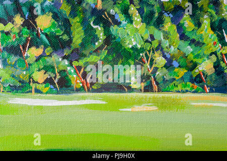 Details zu Acryl Gemälde zeigen, Farbe, Texturen und Techniken. Expressionistische Wiese mit Woodland darüber hinaus. Stockfoto